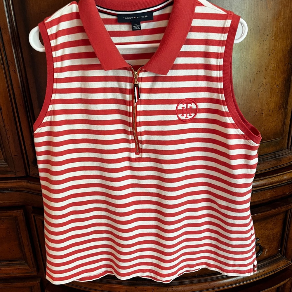 Tommy Hilfiger Pink and White Striped Golf Polo